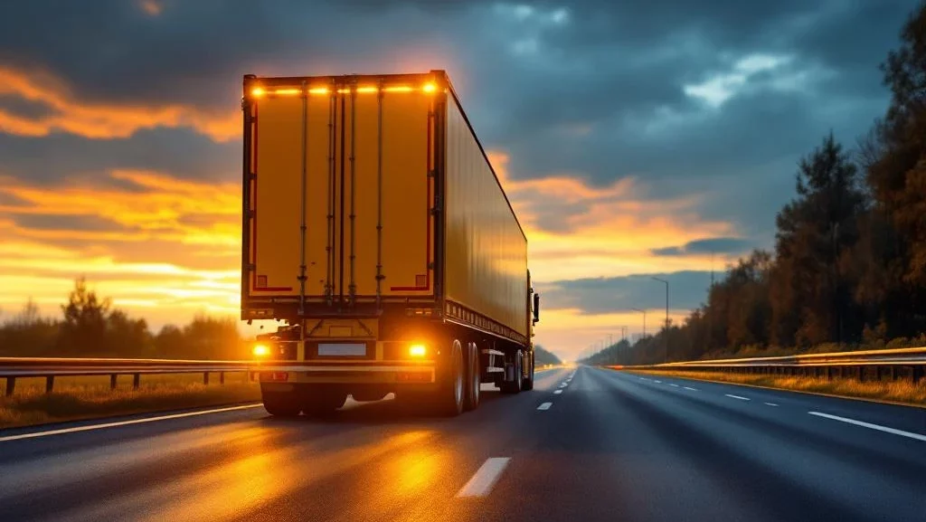 Gele begeleider met zwaailichten leidt uitzonderlijk transport op Nederlandse snelweg bij zonsondergang