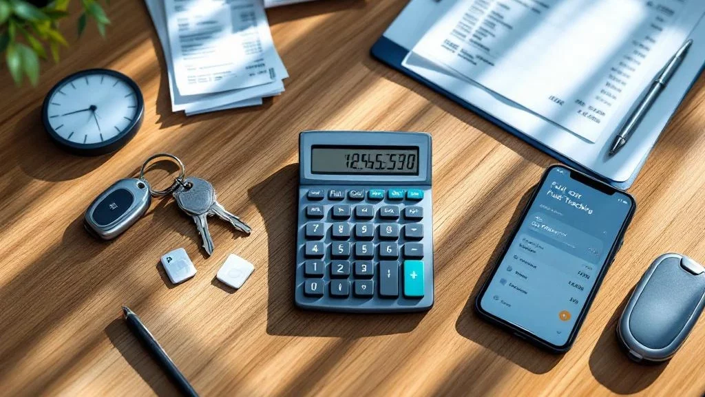 Moderne kantoorbureau met rekenmachine voor brandstofkosten, bonnetjes, autosleutels en smartphone met tracking-app