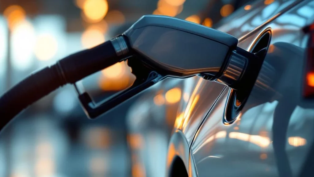 Brandstofpomp vult moderne auto bij dealer, close-up van tankdop en slang met dramatische verlichting