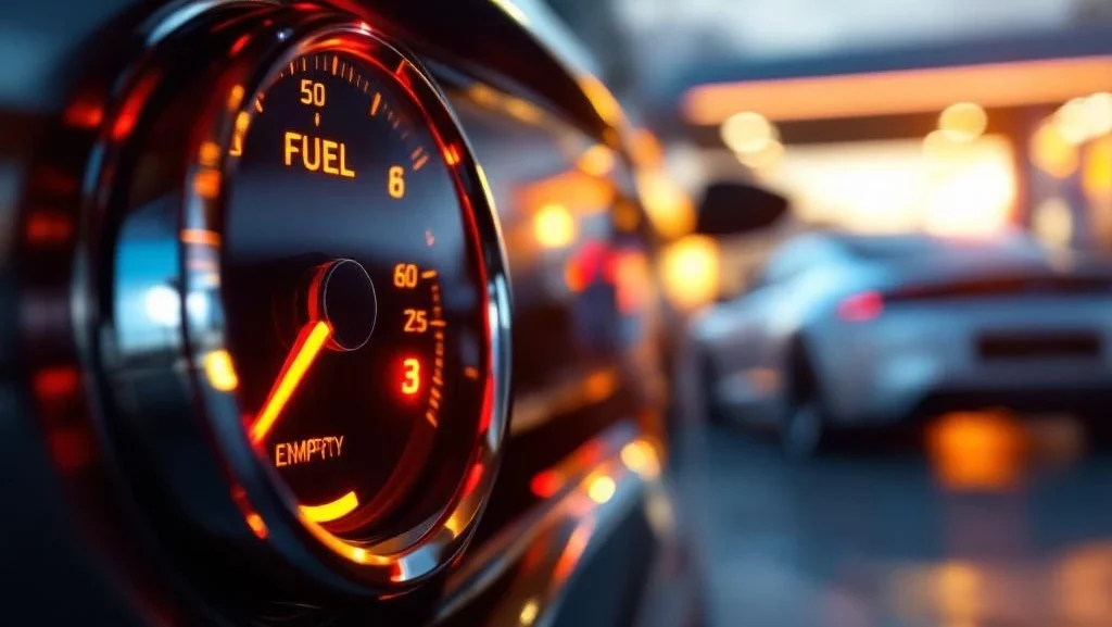 Auto brandstofmeter bijna leeg met rode waarschuwingslamp en chromen tankdop bij benzinestation