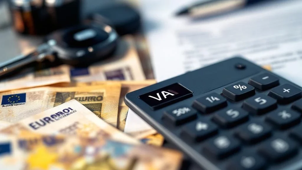 Rekenmachine met BTW-symbolen naast autosleutels, leasecontract en eurobiljetten op bureau