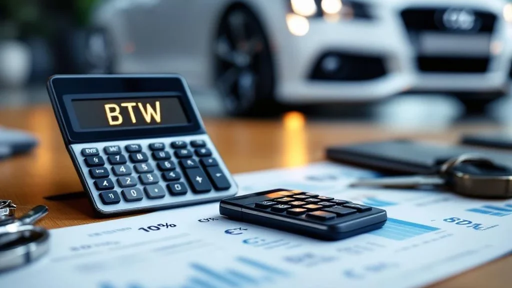 Calculator met "BTW" op scherm naast autosleutels en financiële documenten, witte luxeauto op achtergrond