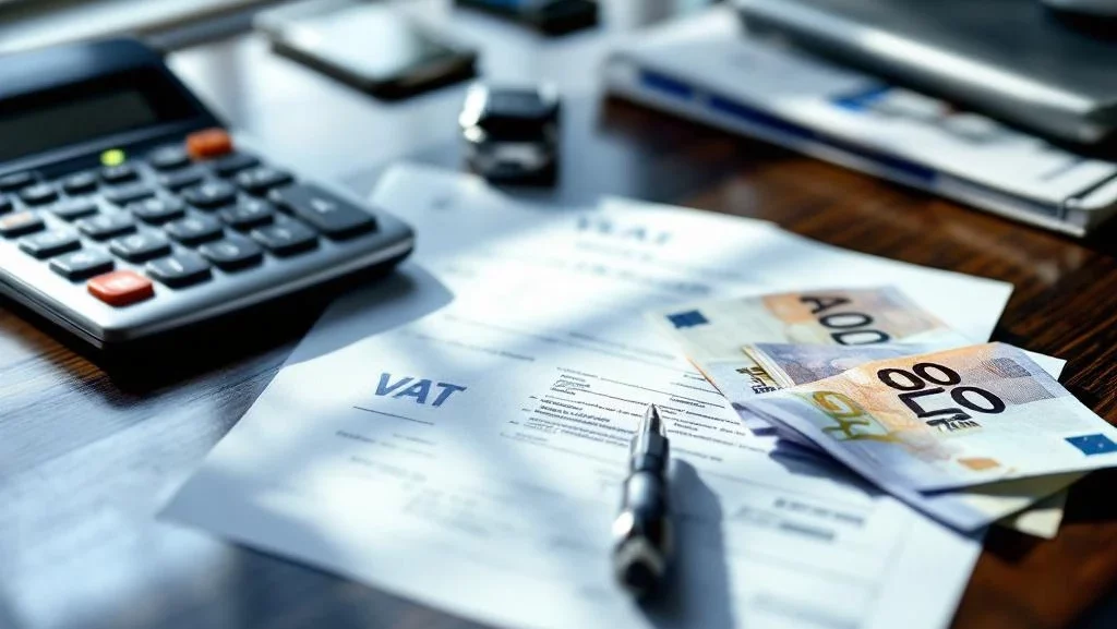 Nederlandse BTW-belastingdocumenten met eurobiljetten, autosleutel en rekenmachine op donkere houten bureau