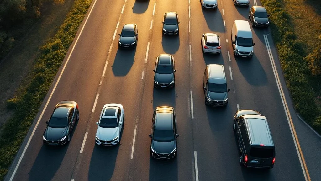 Luchtfoto van moderne voertuigen in konvooi-formatie op asfaltweg tijdens gouden uur met dramatische belichting