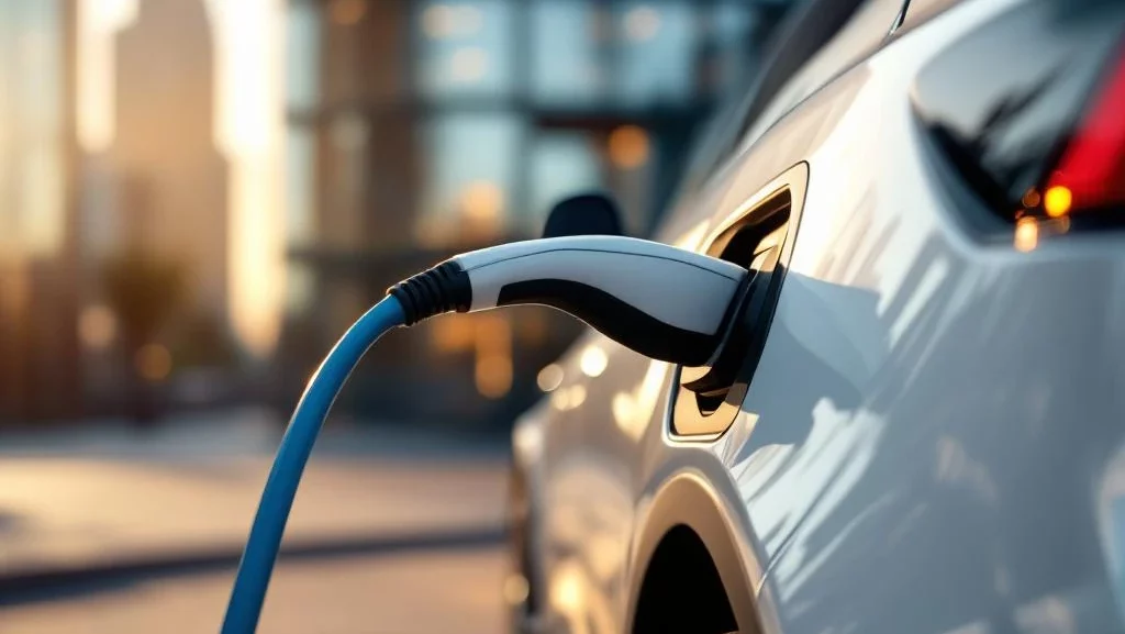 Witte elektrische auto met blauwe oplaadkabel aangesloten bij modern kantoorgebouw tijdens gouden uur