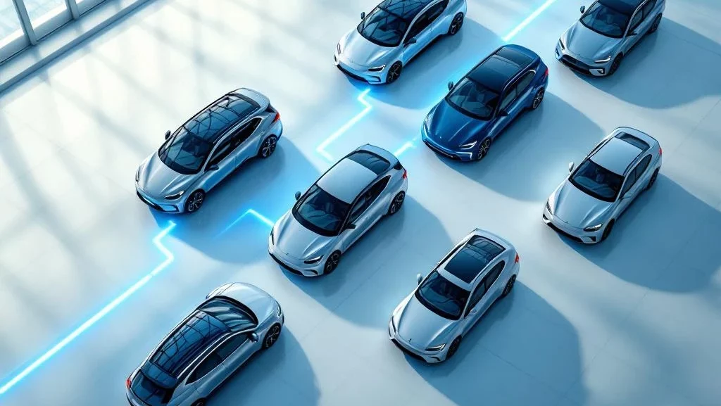 Luchtfoto van elektrische voertuigen in showroom met blauwe energielijnen en dramatische verlichting