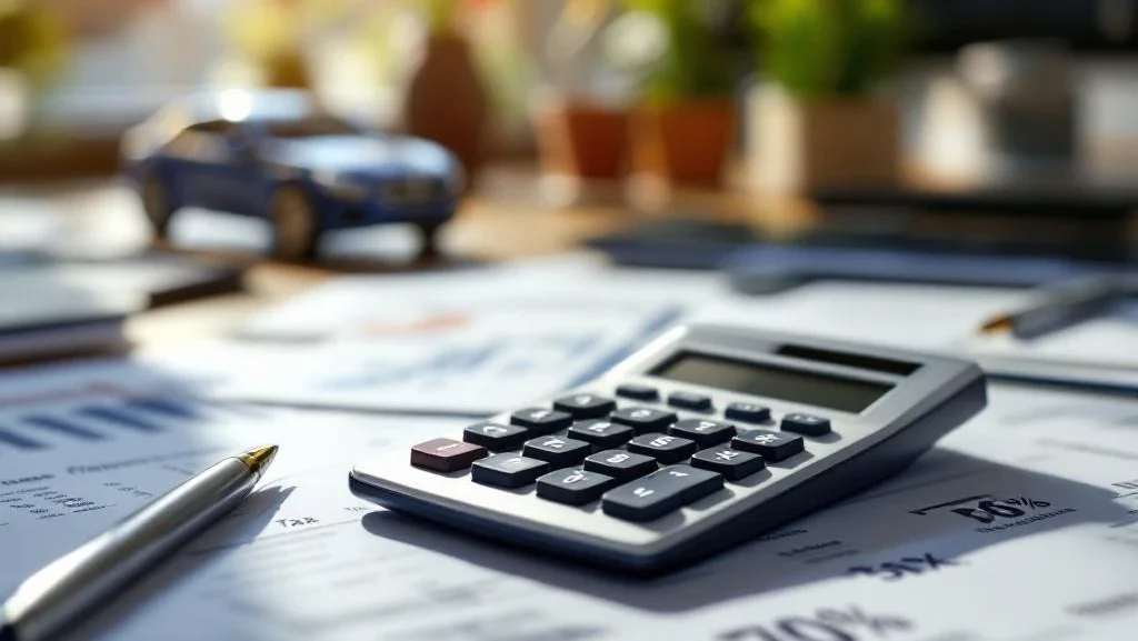 Calculator op financiële documenten met flexlease contracten, pen en miniatuur luxe auto op bureau met natuurlijk licht