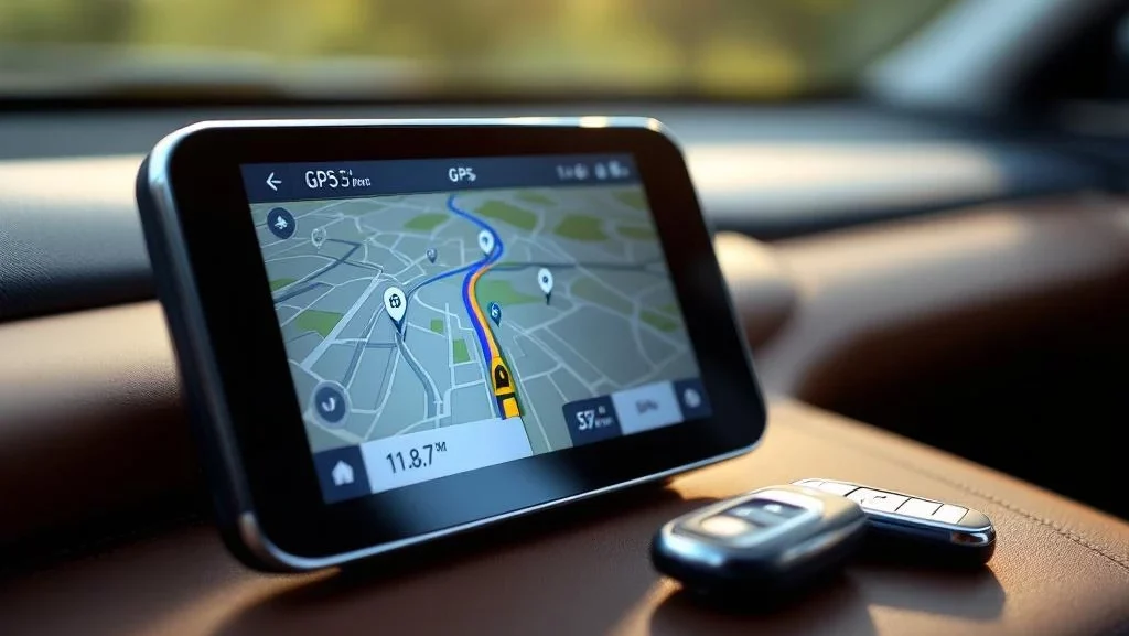 GPS-navigatiesysteem op autodashboard toont routekaart met blauwe navigatielijnen, autosleutels op leren bekleding