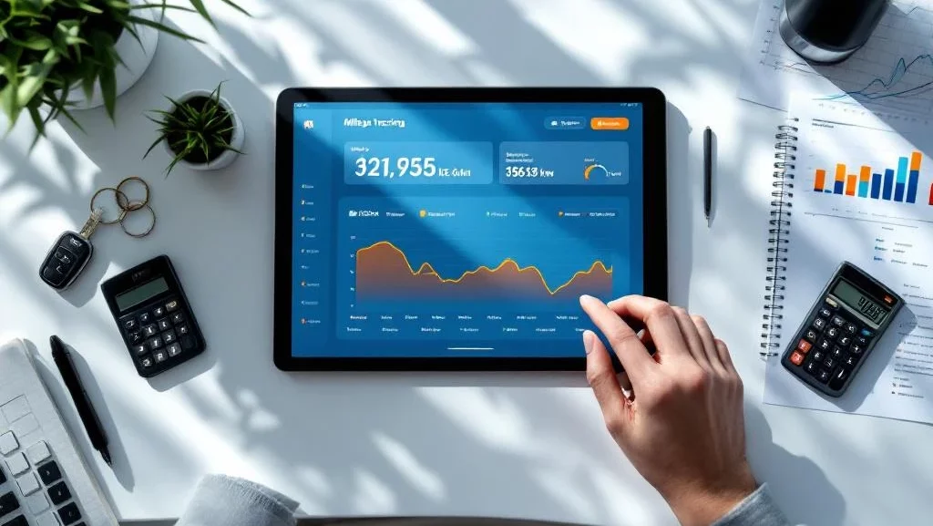 Tablet met kilometerstand dashboard, autosleutels, rekenmachine en documenten op wit bureau voor lease-administratie