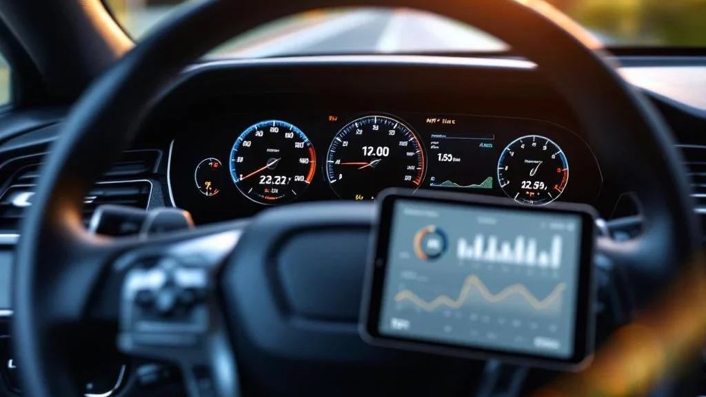 Dashboard met digitale kilometerteller en tablet met kilometerregistratie-interface voor wagenpark beheer