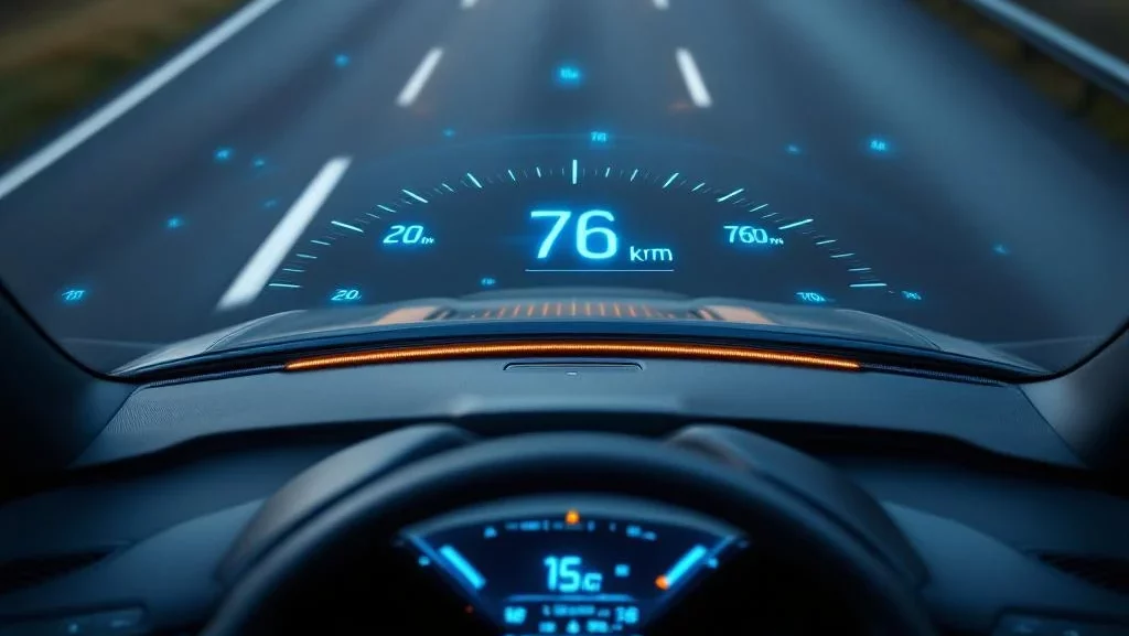 Moderne auto op Nederlandse snelweg met digitale kilometerteller en zwevende kilometermarkeringen boven wegdek