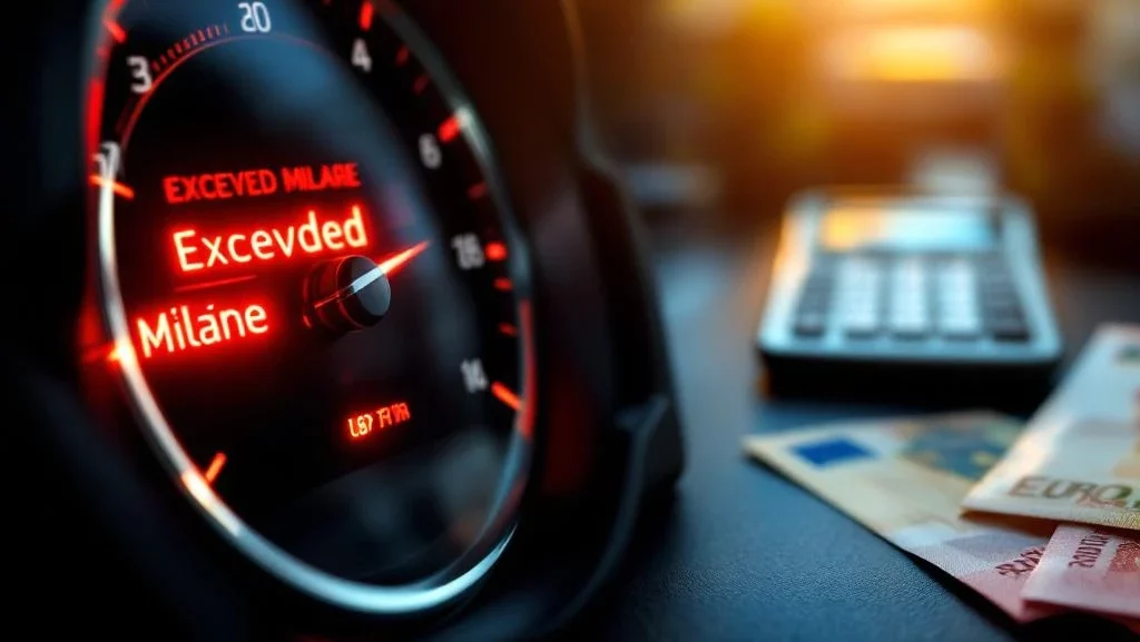 Auto kilometerteller met waarschuwingslampjes, calculator en eurobiljetten op achtergrond symboliseren kosten