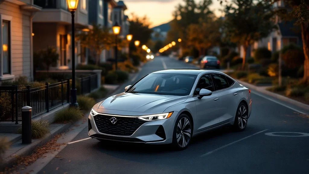 Zilveren kortetermijn huurauto geparkeerd tussen appartementen tijdens gouden uur met warme straatverlichting