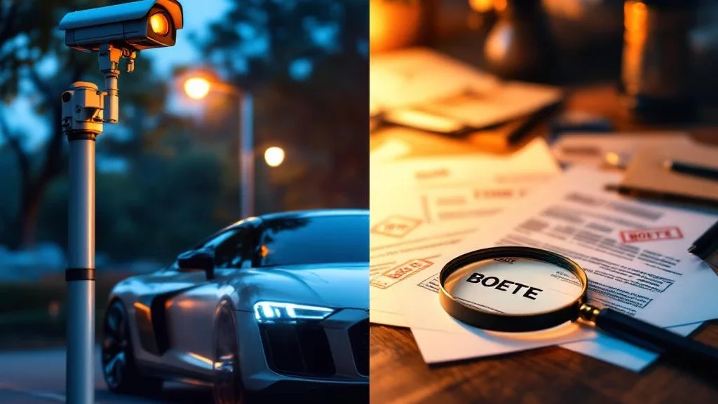 Moderne auto bij flitspaal naast bureau met boetedocumenten en vergrootglas, dramatische verlichting toont gevolgen kortlopende lease.