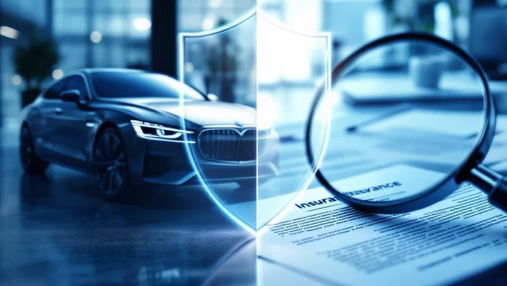 Moderne zakenauto met beschermingsschild naast verzekeringsdocumenten onder vergrootglas in professionele setting