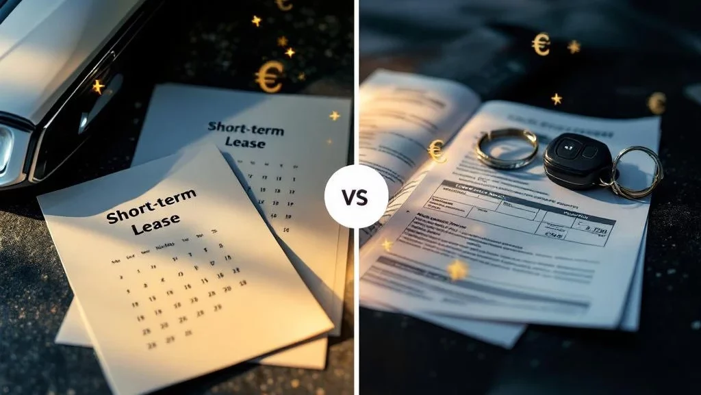 Vergelijking autoleasing versus autoverhuur met documenten, sleutels en euro-symbolen in gesplitst beeld
