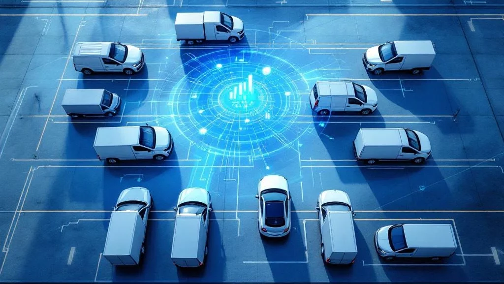 Luchtfoto van moderne logistieke hub met witte en zilveren voertuigen in rijen op betonvloer voor bezorgplanning