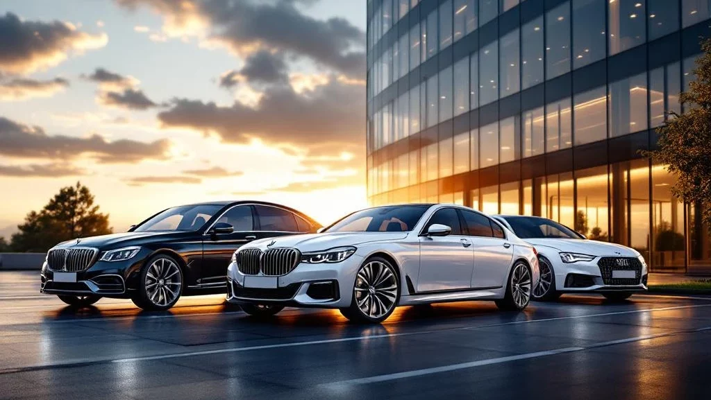 Drie luxe sedans - zwarte Mercedes S-Klasse, witte BMW 7 Serie en zilveren Audi A8 - geparkeerd bij modern kantoorgebouw