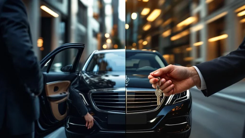 Luxe sedan met chauffeur die portier opent en sleutels overhandigt aan klant voor shortlease service bij modern kantoor