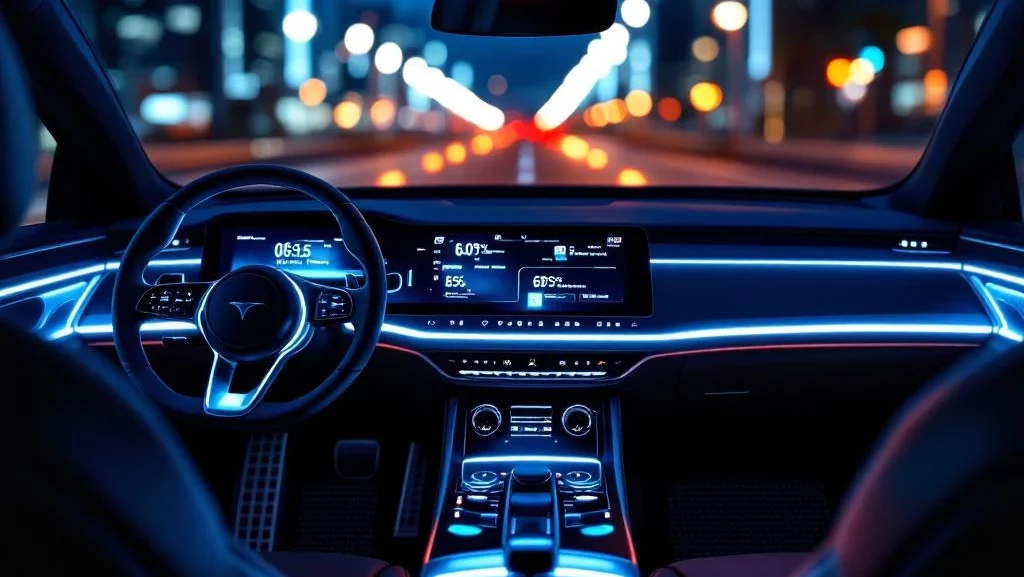 Moderne auto-interieur met digitaal dashboard, touchscreen, LED-verlichting en lederen stoelen vanuit bestuurder perspectief