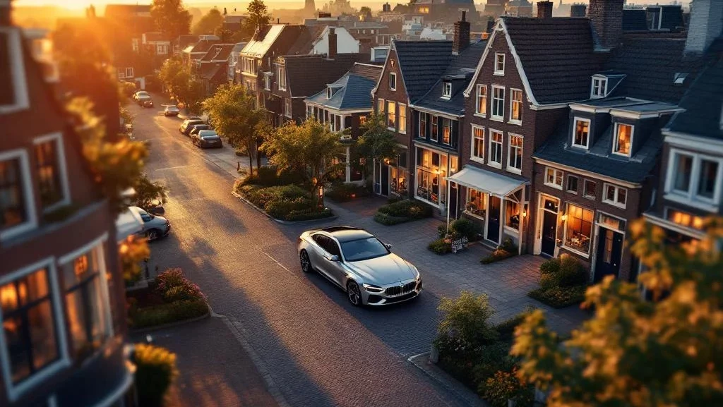 Zilveren auto geparkeerd op grachtenstraat in moderne Nederlandse woonwijk met traditionele huizen tijdens gouden uur