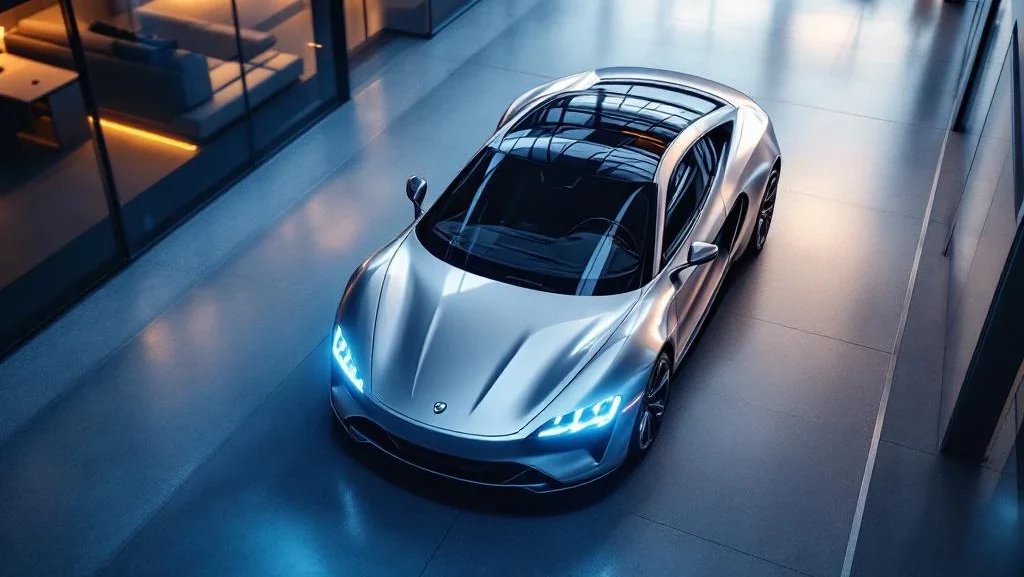 Zilveren demonstratieauto met verlichte koplampen in moderne autoshowroom met glazen kantoorwanden