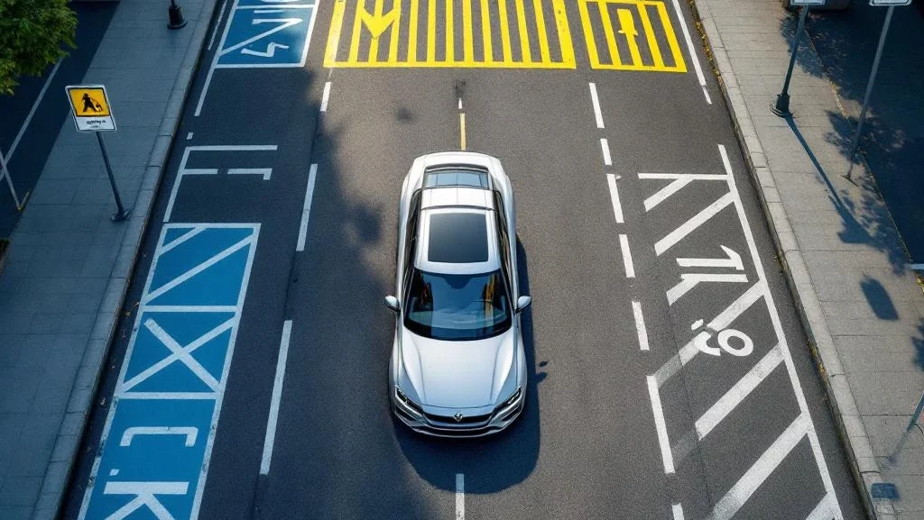 Zilveren kortetermijnhuurvoertuig geparkeerd in Europese stadsstraat met gekleurde parkeerzones en digitale parkeermeters