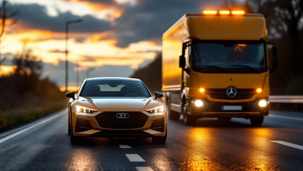 Auto met pech en alarmlichten naast gele pechhulpwagen op Nederlandse snelweg bij zonsondergang met waarschuwingsdriehoek