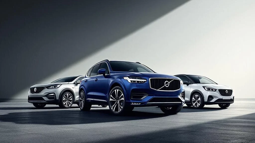 Drie premium auto's in diagonale opstelling: sedan, SUV en stadsauto met dramatische belichting op gepolijst asfalt