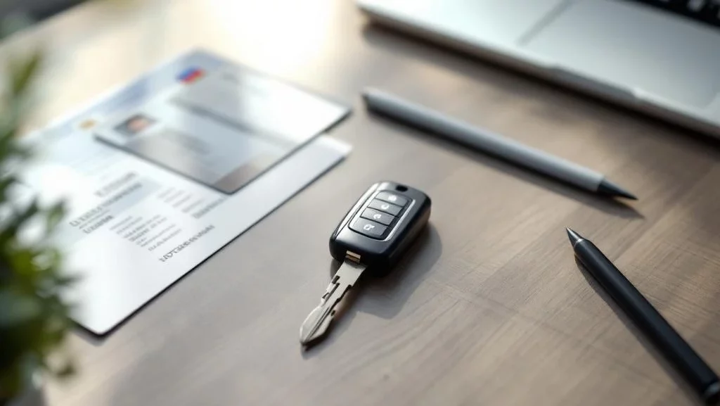 Nederlandse documenten op bureau: rijbewijs, bankafschrift, ID-kaart en autosleutel in overzichtelijke opstelling