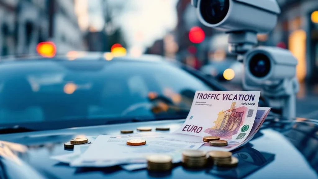 Auto met verkeersboete op voorruit en eurobankbiljetten op motorkap naast Nederlandse flitspaal op straat