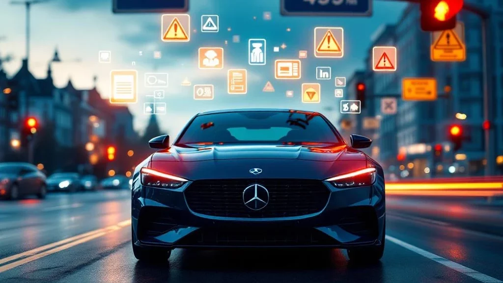 Moderne auto op Nederlands kruispunt met zwevende verkeersovertredingssymbolen en flitscamera-indicatoren