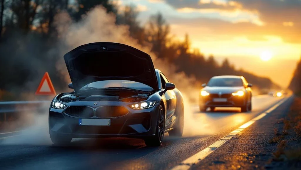 Defecte leaseauto met open motorkap op snelwegberm, vervangend voertuig nadert met koplampen aan