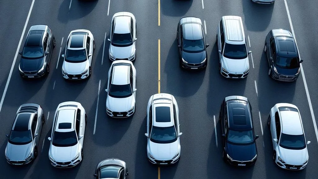 Luchtfoto van georganiseerde vloot voertuigen in symmetrische rijen op asfalt, inclusief auto's en bestelwagens