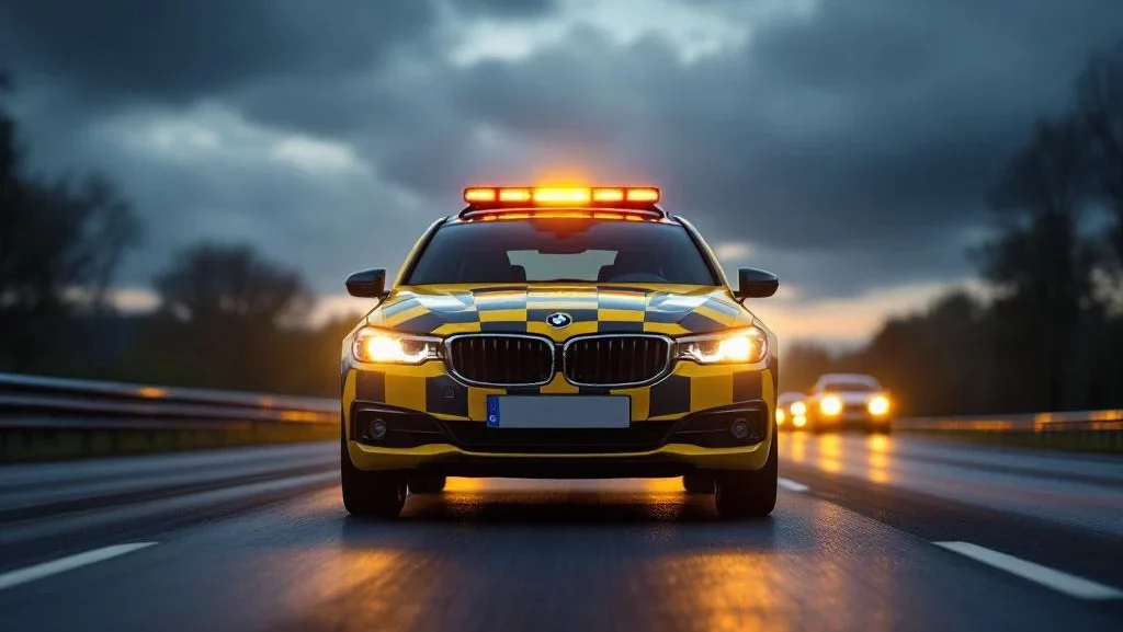 Gele en zwarte voorloopauto met zwaailichten op Nederlandse snelweg bij schemering, met verkeer op de achtergrond