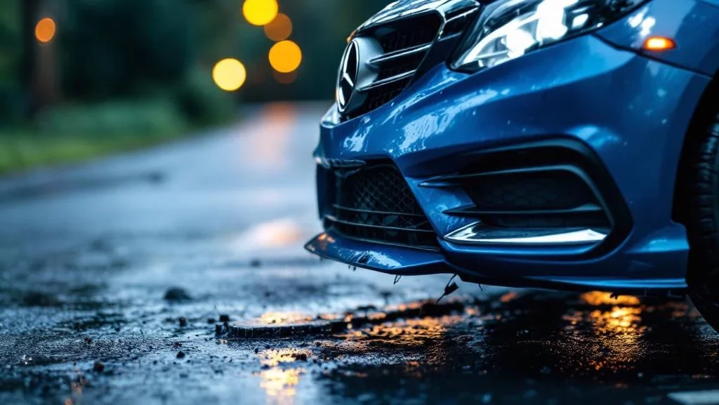 Twee auto's in kleine aanrijding op Nederlandse weg, close-up van bumperschade aan voorloopauto