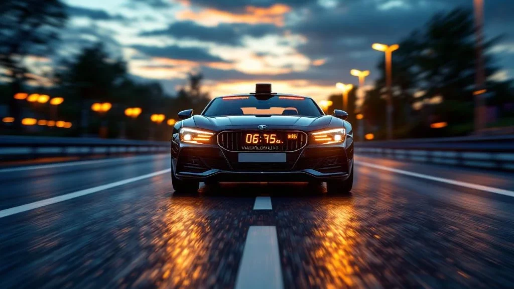 Voorloopauto met amberkleurige waarschuwingslichten op Nederlandse snelweg tijdens gouden uur, lage hoek