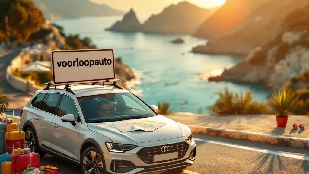 Auto met voorloopauto-bord op zonnige kustweg met strand, bagage en vakantie-accessoires bij Middellandse Zee