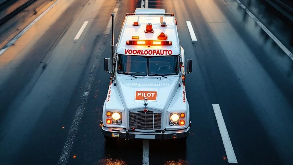 Witte voorloopauto met oranje zwaailichten en veiligheidsborden geparkeerd op nat asfalt tijdens gouden uur