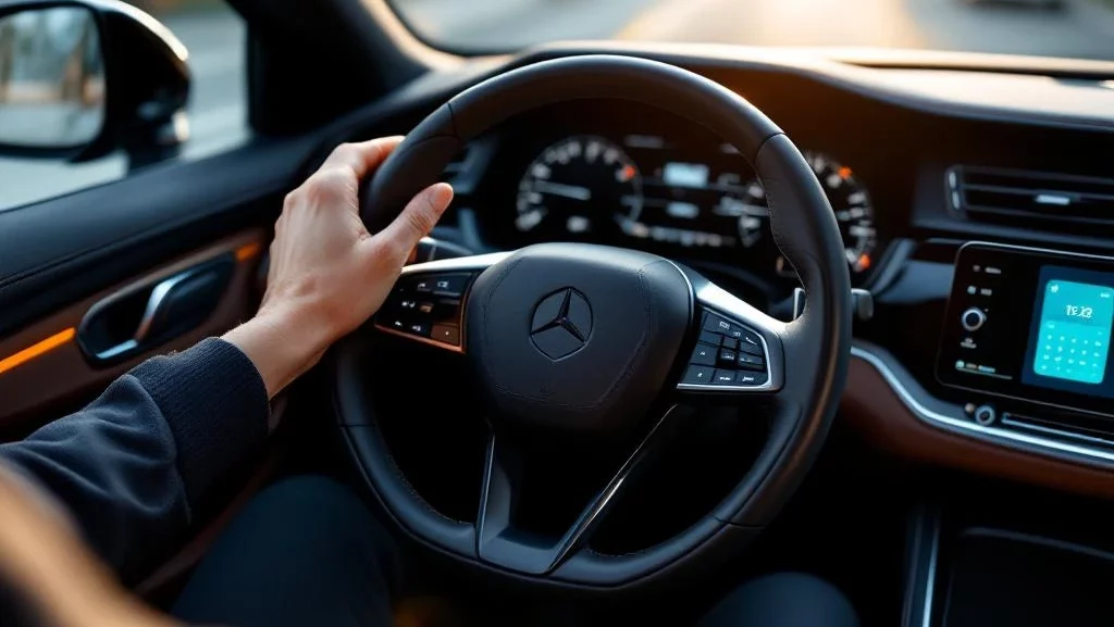 Handen op stuurwiel in luxe auto-interieur met smartphone op console bij daglicht