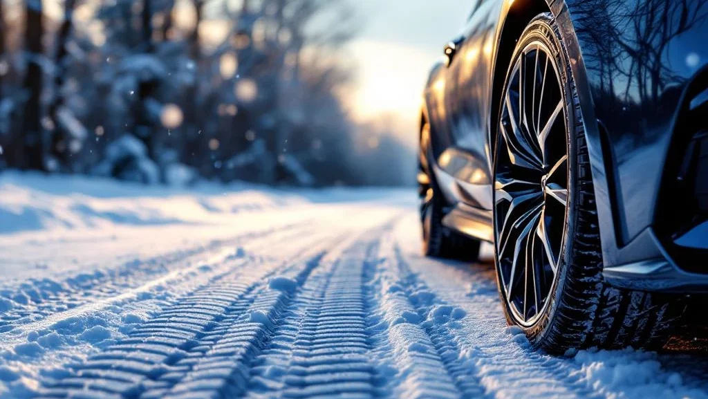 Moderne auto met winterbanden op besneeuwde weg, gedetailleerd bandenprofiel zichtbaar in winterlandschap
