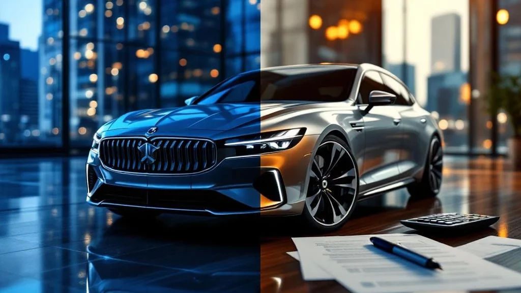 Zilverkleurige zakelijke auto in split-screen met kantoorgebouwen en leasecontract op bureau