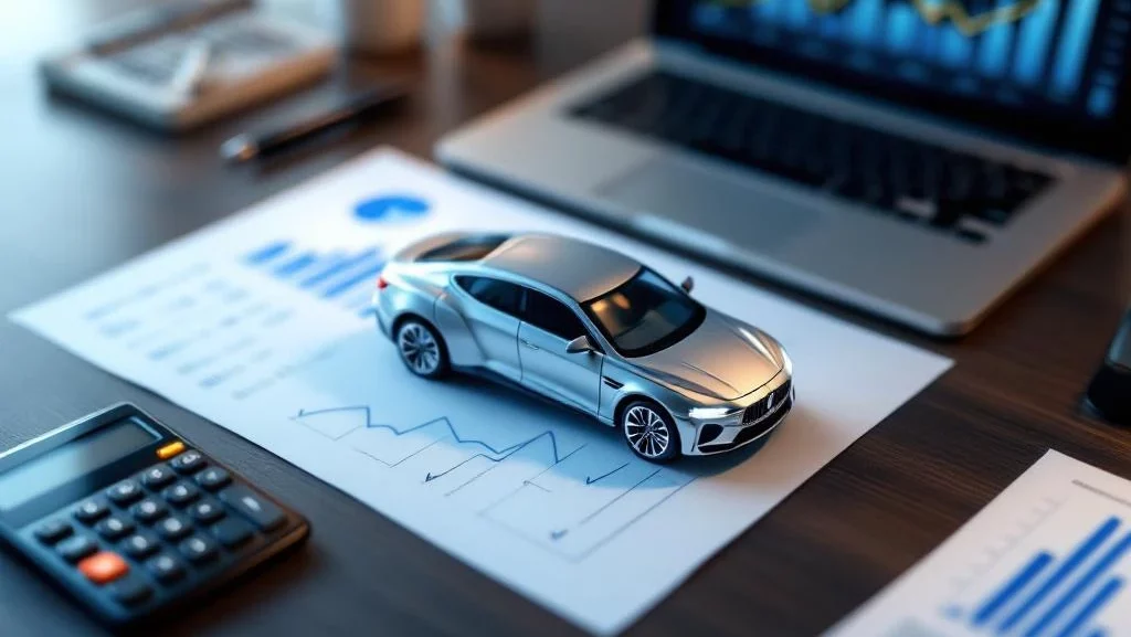 Luxe auto miniatuur op zakelijk bureau met financiële grafieken, calculator en vlootbeheer dashboard op laptop